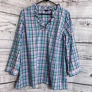 Talbots Top Womens size 16 cotton Plaid Popover Tunic Ruffle Neck line Light